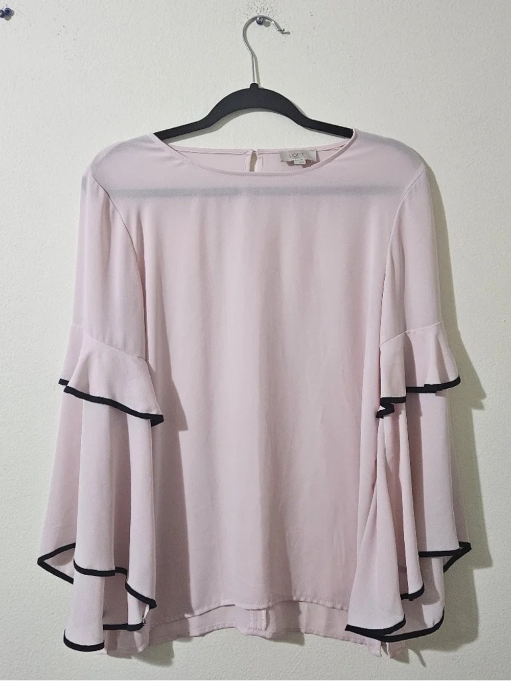 LOFT Light Pink Ruffle Sleeve Blouse with Black Trim